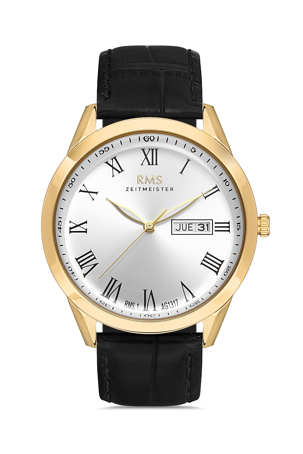 RMS ZEITMEISTER Calendar White Dial Black Leather Strap Men's Watch-RMS.1.AG1317.05