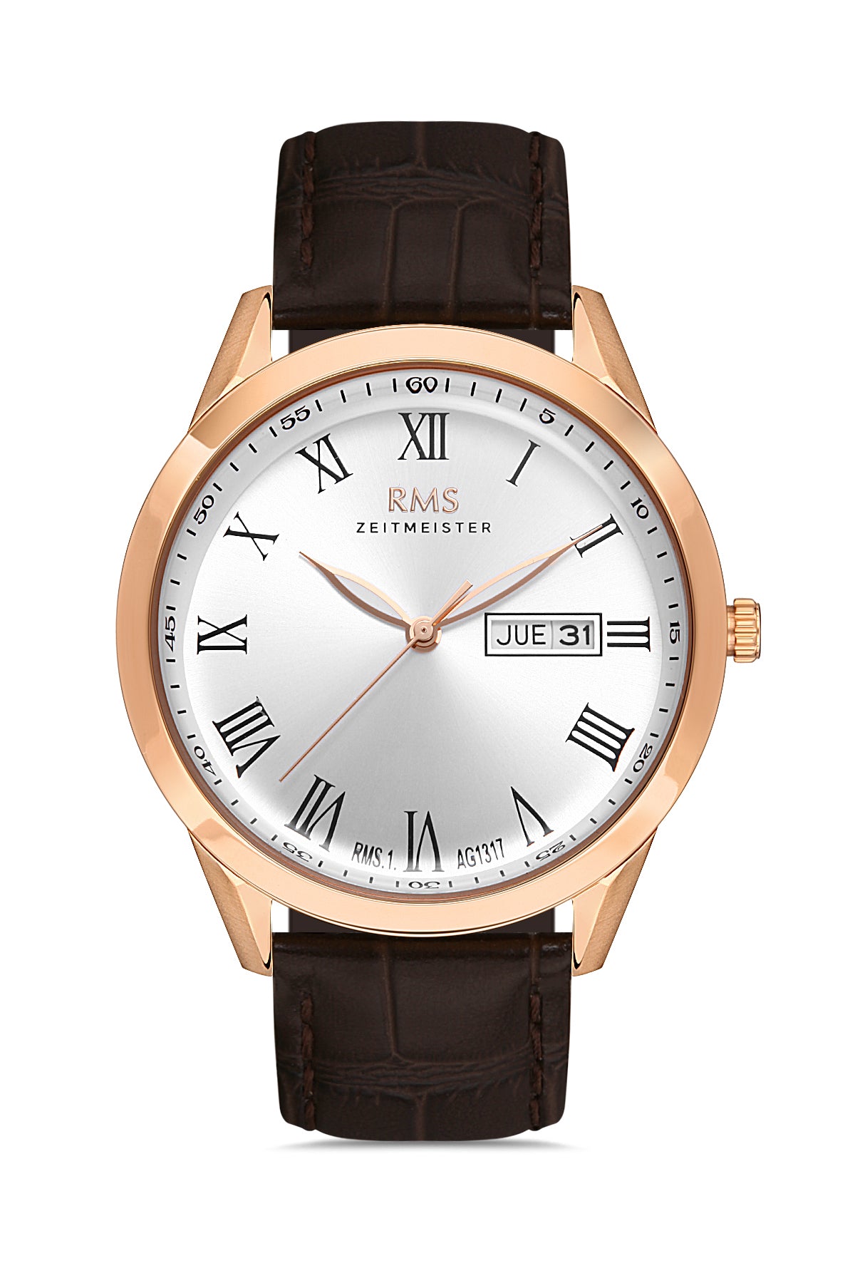RMS ZEITMEISTER Calendar White Dial Brown Leather Strap Men's Watch-RMS.1.AG1317.07