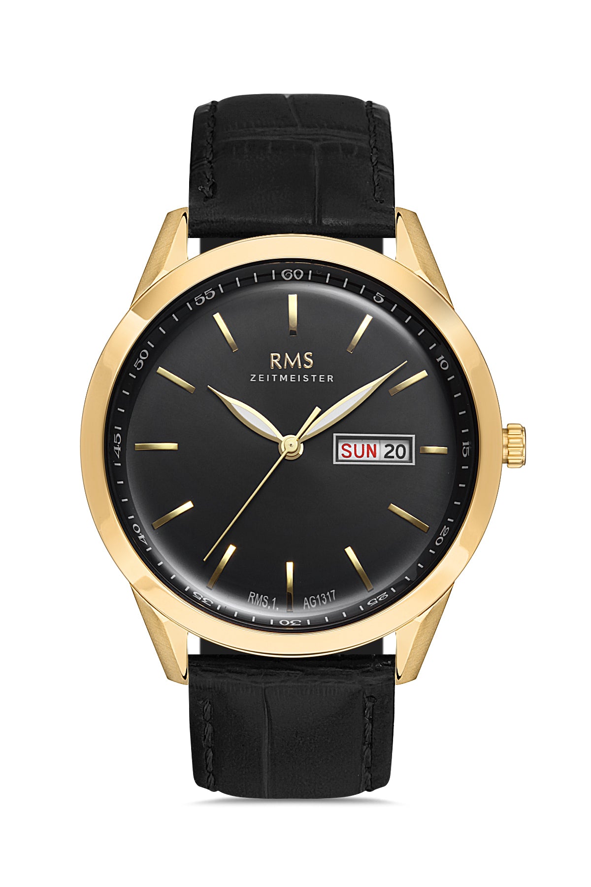 RMS ZEITMEISTER Men's Watch with Calendar, Black Dial, and Black Leather Strap - RMS.1.AG1317.12