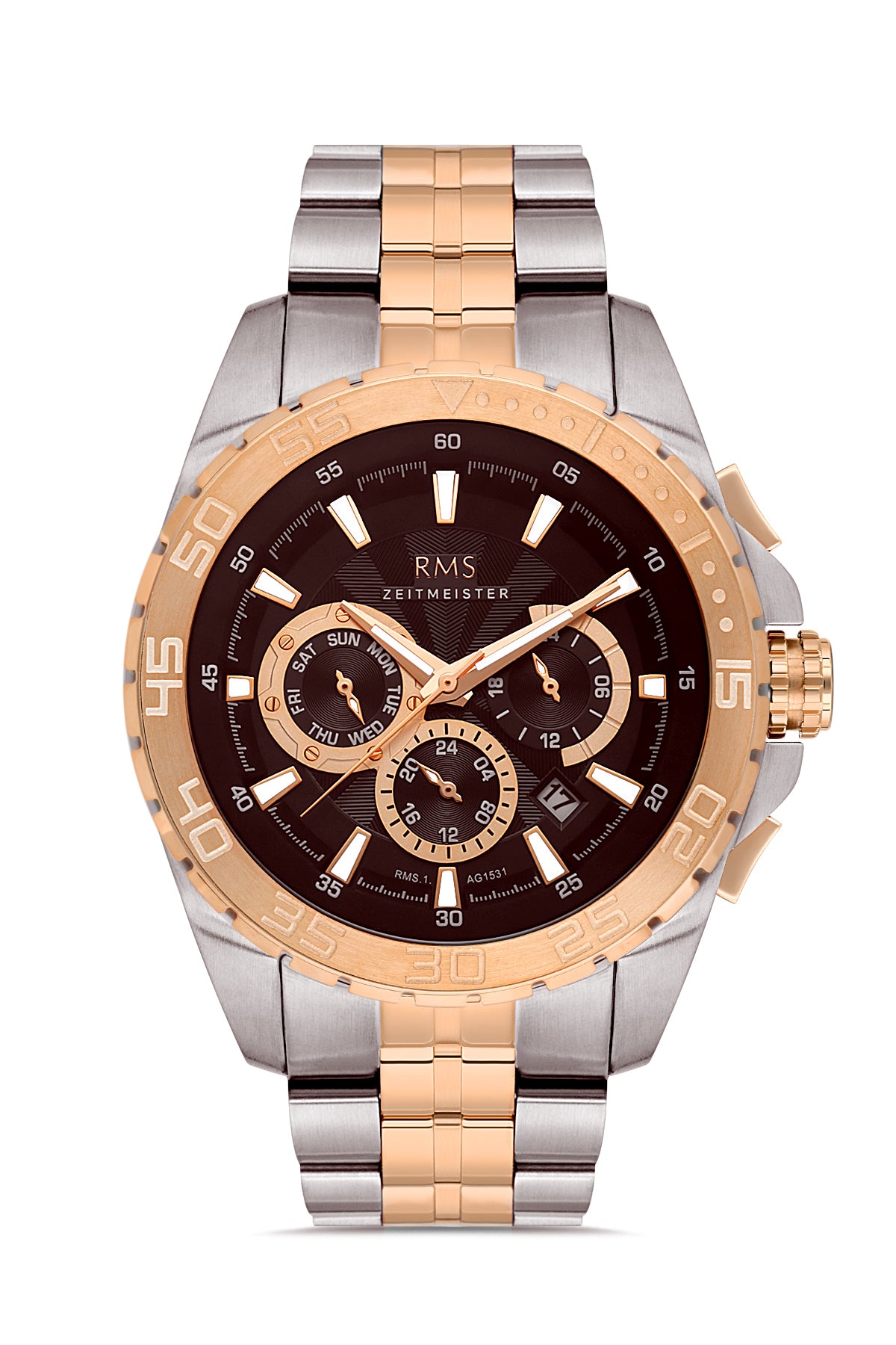 RMS ZEITMEISTER Men's Watch with Brown Dial and Rose-Silver Steel Strap - RMS.1.AG1531.06