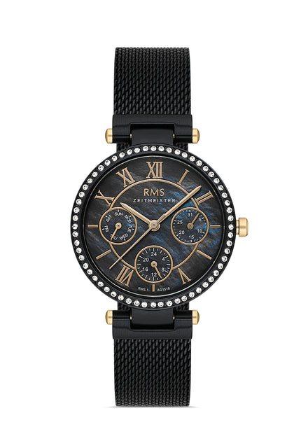 RMS Zeitmeister Black Dial Black Plated Women's Watch - Stainless Steel Mesh Bracelet - RMS.1.AG1518.07