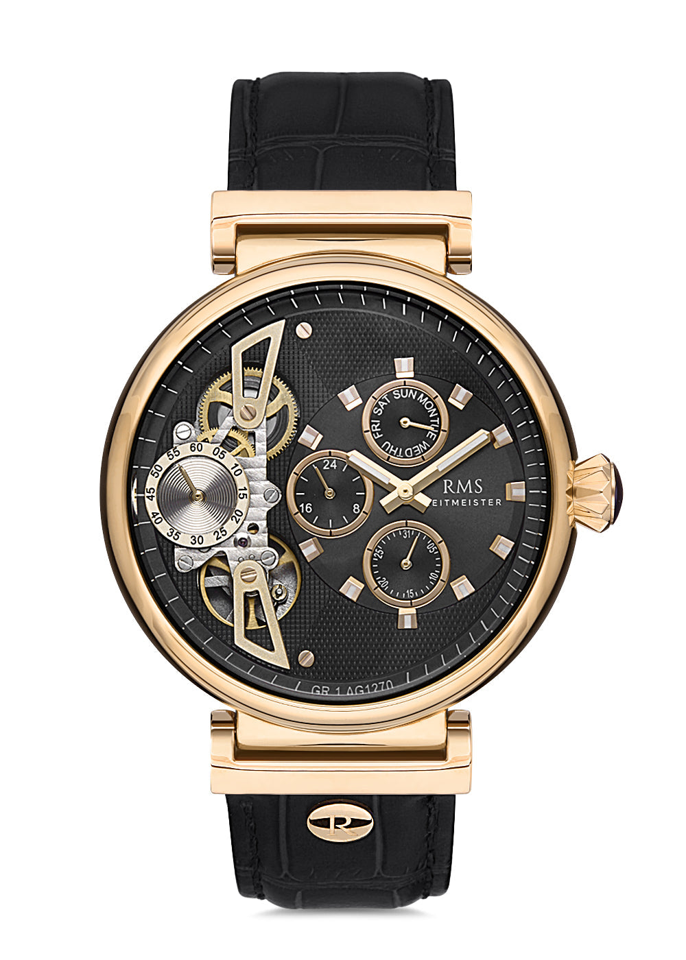 RMS Zeitmeister Black Dial Gold Plated Men's Watch - Black Genuine Leather Strap - RMS.1.AG1270.04