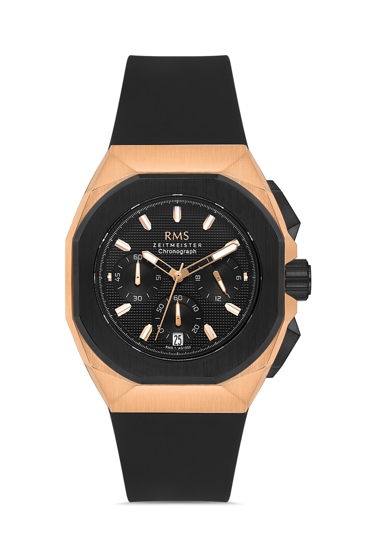 RMS Zeitmeister Black Dial Rose & Black Plated Men's Watch - Black Silicone Strap - RMS.1.AG1550.05
