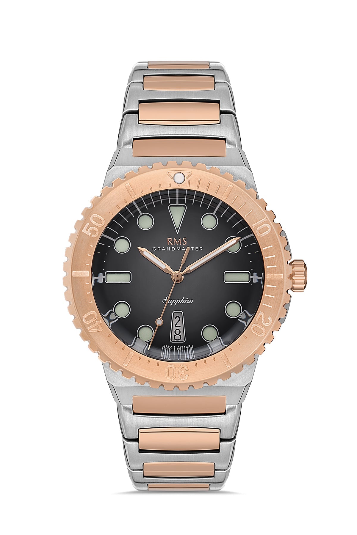 RMS Herrenuhr mit schwarzem Zifferblatt und weiß plattiertem Gehäuse – RMS.1.AG1480.08