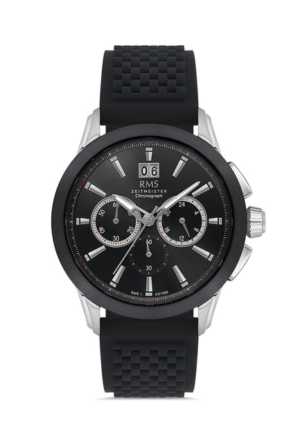 RMS Zeitmeister Black Dial Silver & Black Plated Men's Watch - Black Silicone Strap - RMS.1.AG1565.01