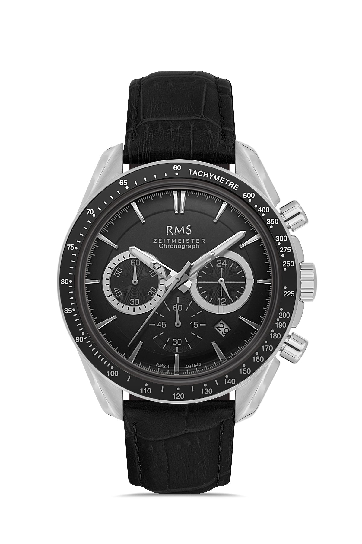 RMS Zeitmeister RMS.1.AG1540.02 men's watch with black dial, silver case and genuine leather strap