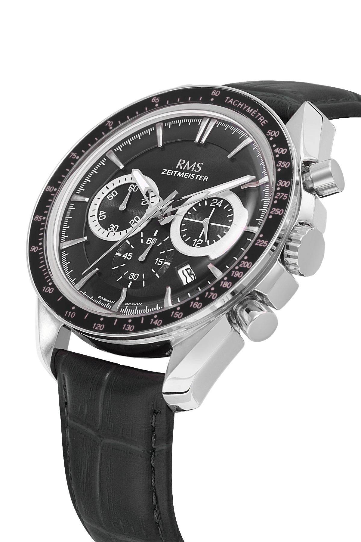 RMS Zeitmeister RMS.1.AG1540.02 men's watch with black dial, silver case and genuine leather strap – angled view