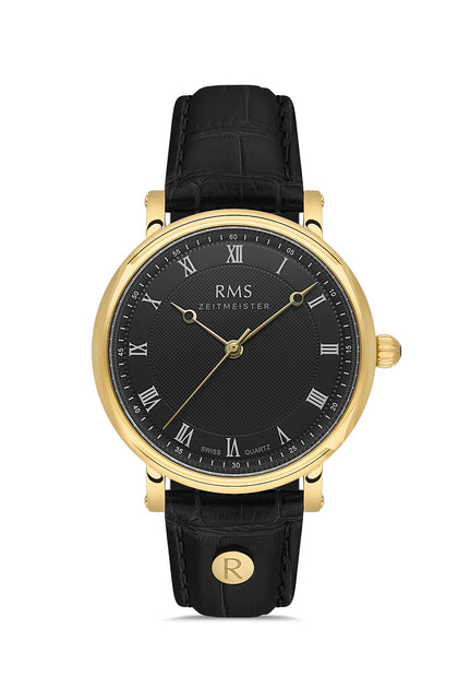 RMS ZEITMEISTER Herrenuhr – schwarzes Zifferblatt, Gehäuse in Gold, Echtlederarmband – RMS.1.AG1558.05