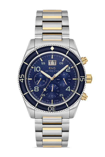 RMS Zeitmeister Blue Dial Gold & Silver Plated Men's Watch - Stainless Steel Bracelet - RMS.1.AG1552.06