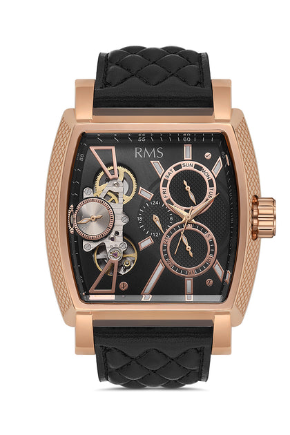 RMS Zeitmeister Black Dial Rose Plated Men's Watch - Black Genuine Leather Strap - RMS.1.AG1054.01