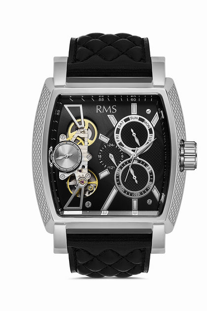 RMS Zeitmeister Black Dial Silver Plated Men's Watch - Black Genuine Leather Strap - RMS.1.AG1054.09