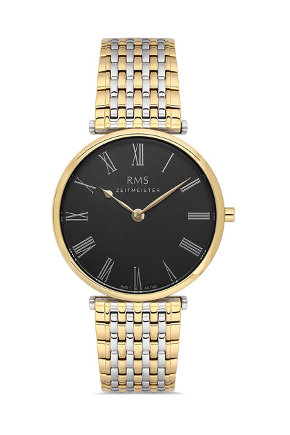 RMS Zeitmeister Black Dial Gold & Silver Plated Men's Watch - Stainless Steel Bracelet - RMS.1.AG1123.18