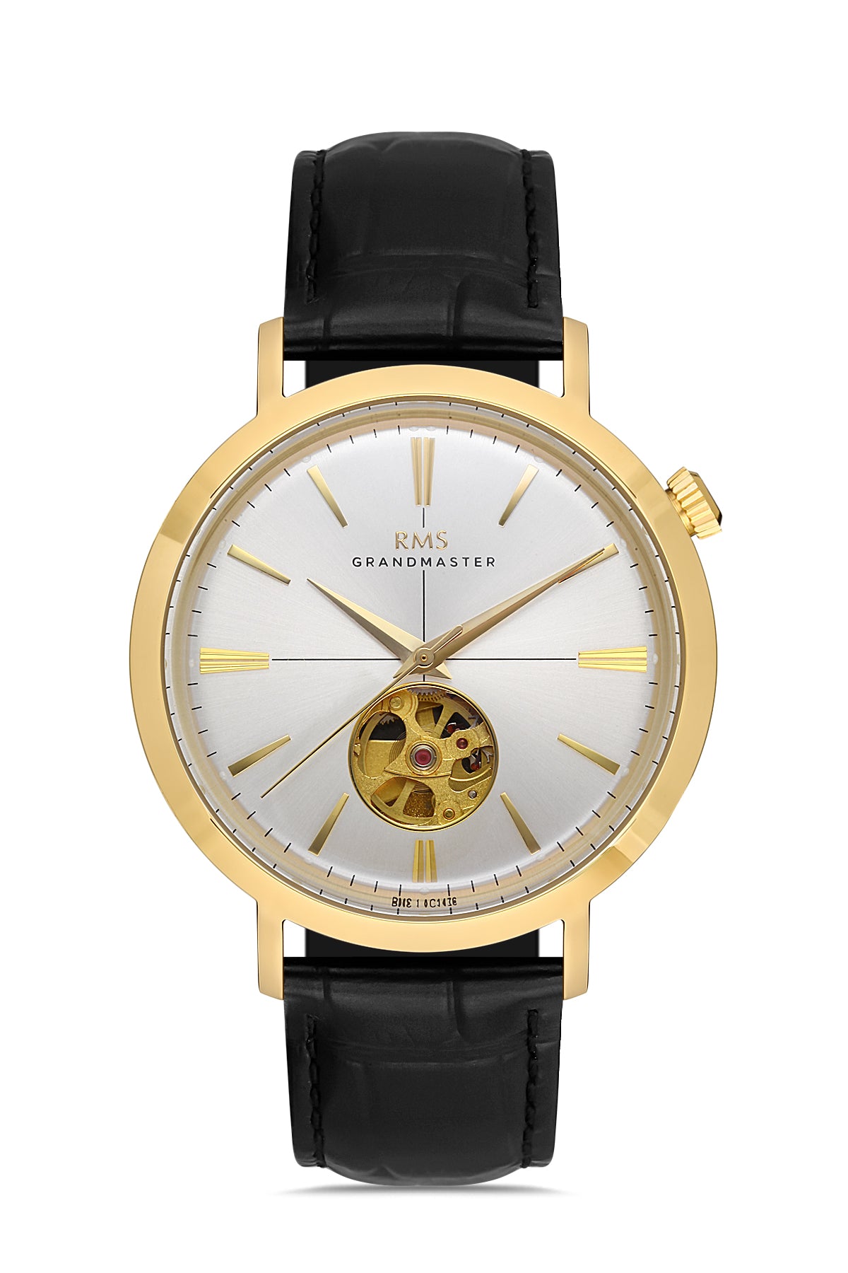RMS Zeitmeister Silver Dial Gold Plated Men's Watch - Black Genuine Leather Strap - RMS.1.AG1476.05