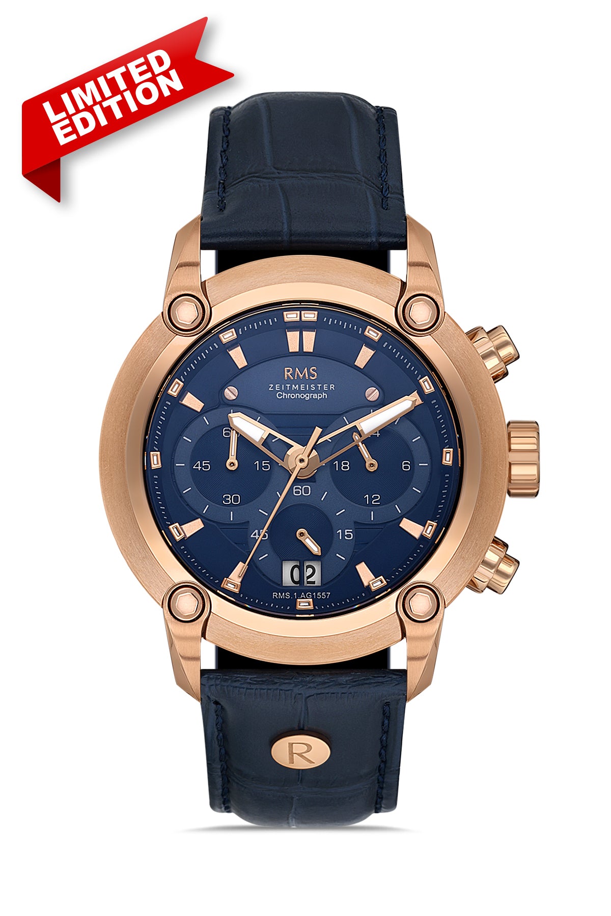 RMS Men's Chronograph Blue Dial Rose Gold Leather Strap Watch - RMS.1.AG1557.09
