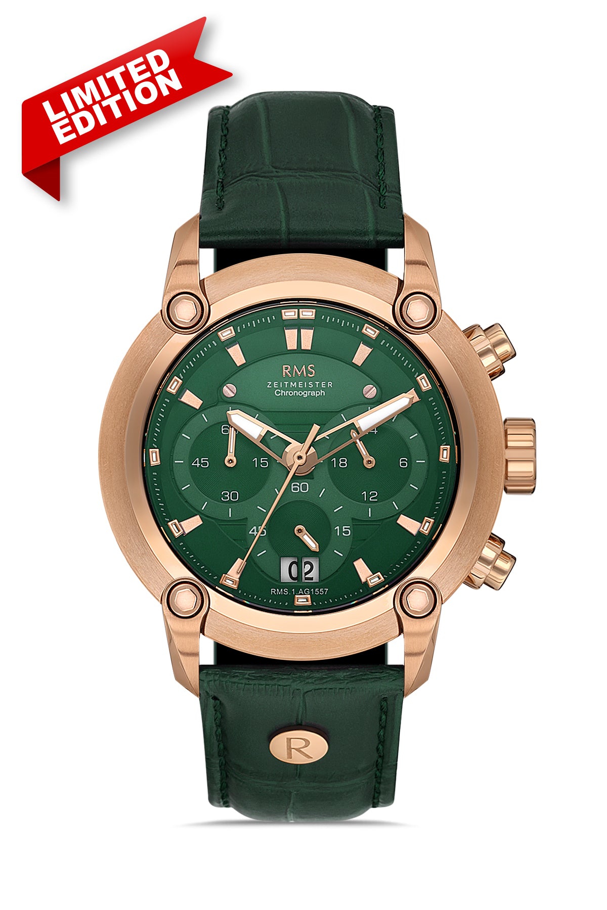 RMS Men's Chronograph Green Dial Rose Gold Leather Strap Watch - RMS.1.AG1557.10