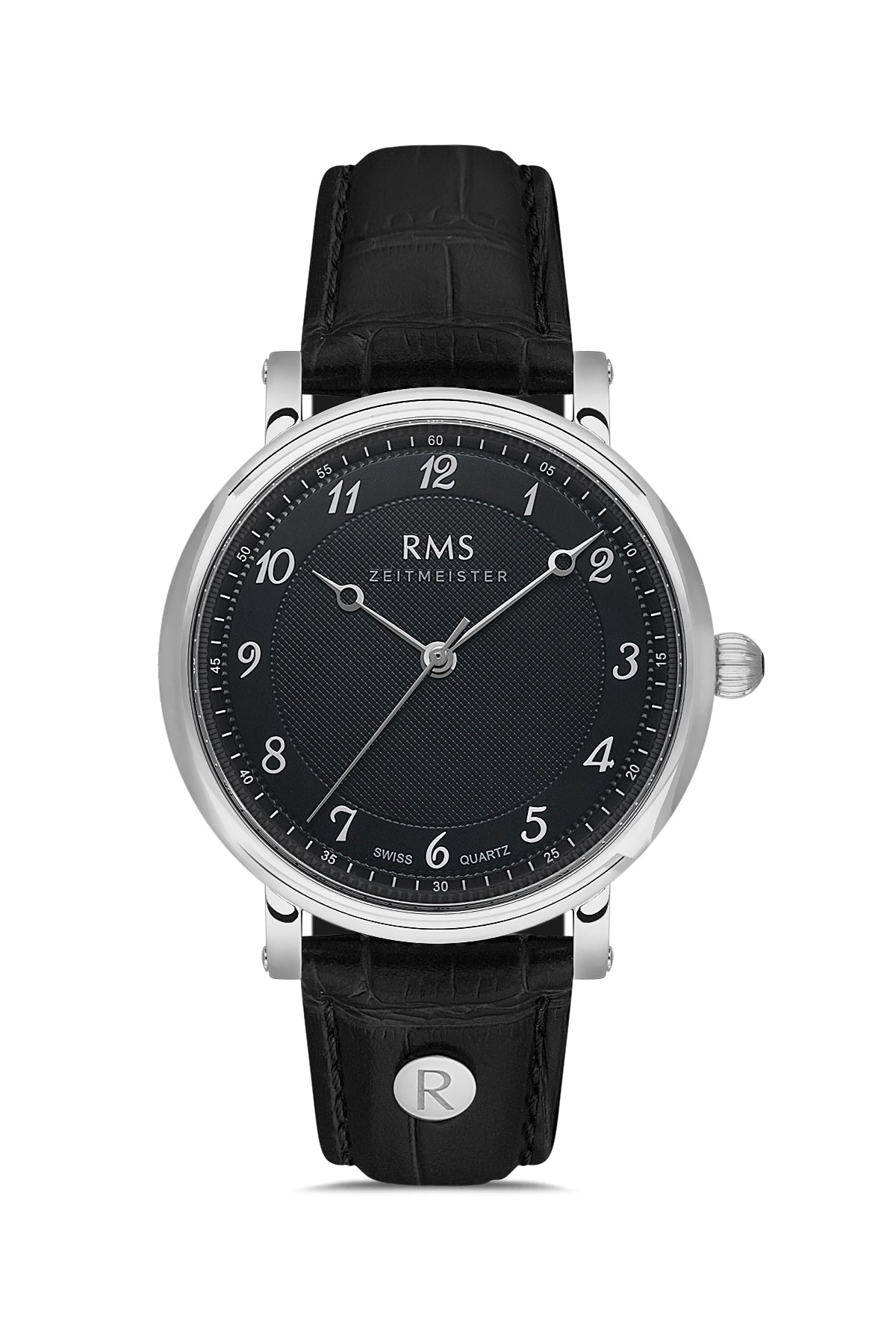 RMS Zeitmeister RMS.1.AG1558.10 men's watch with black dial, silver case and genuine leather strap