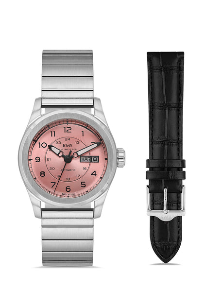 RMS Zeitmeister Salmon Dial Silver Plated Men's Watch - Genuine Leather Strap - RMS.1.AG1582.10