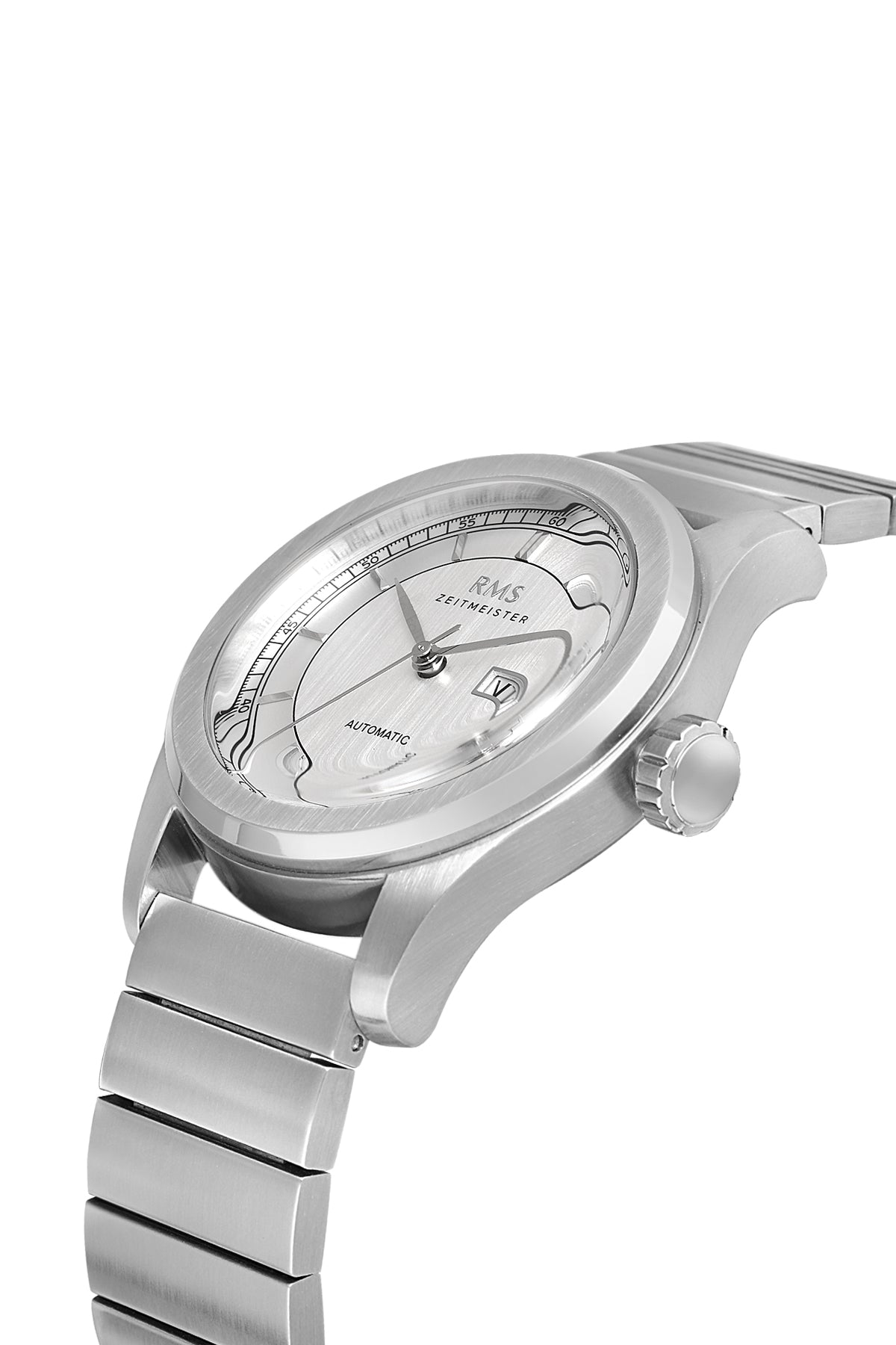 RMS Zeitmeister RMS.1.AG1582.11 men's watch with silver dial, silver case and genuine leather strap – angled view