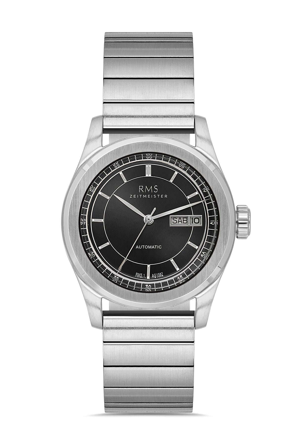 RMS Zeitmeister RMS.1.AG1582.12 men's watch with black dial, silver case and genuine leather strap