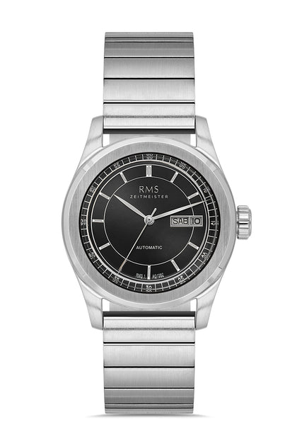 RMS Zeitmeister Black Dial Silver Plated Men's Watch - Genuine Leather Strap - RMS.1.AG1582.12