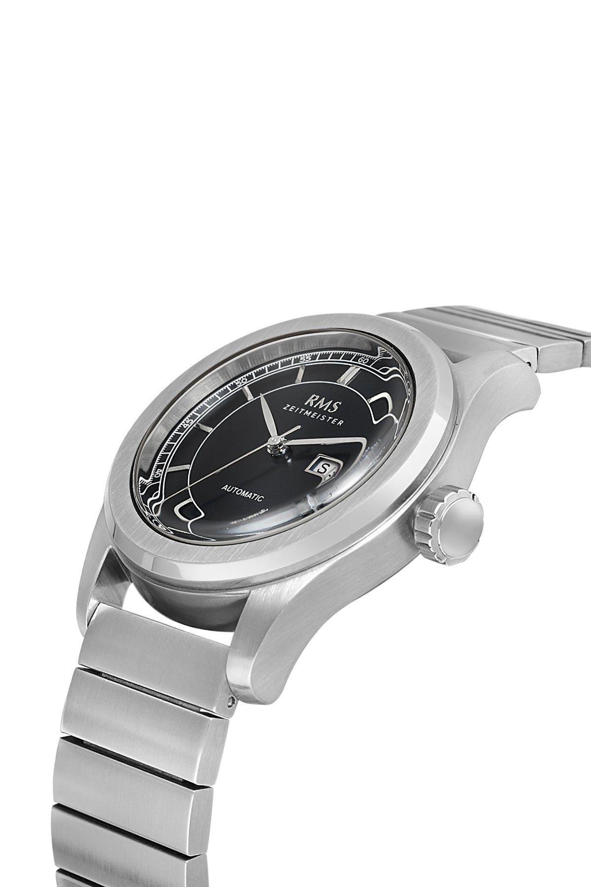RMS Zeitmeister RMS.1.AG1582.12 men's watch with black dial, silver case and genuine leather strap – angled view