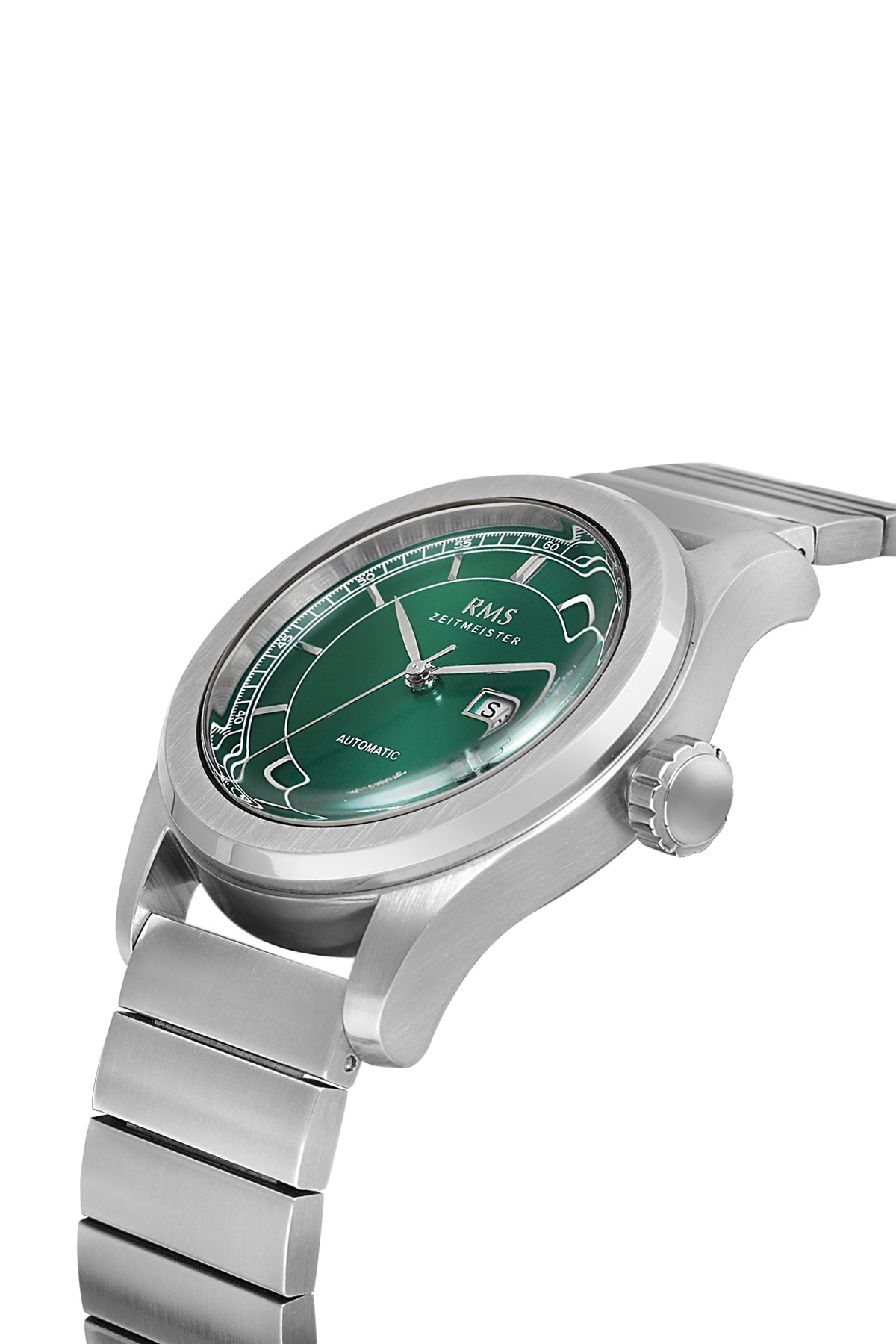 RMS Zeitmeister RMS.1.AG1582.15 men's watch with green dial, silver case and genuine leather strap – angled view