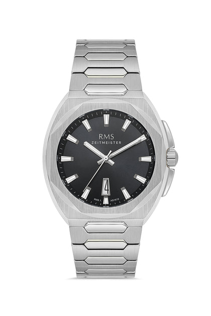 RMS ZEITMEISTER Herrenuhr – schwarzes Zifferblatt, Gehäuse in Silber, Edelstahlarmband – RMS.1.AG1619.03