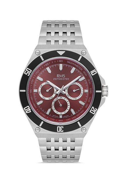 RMS Zeitmeister Burgundy Dial Silver Plated Men's Watch - Stainless Steel Bracelet - RMS.1.AG1409.10