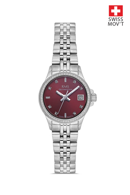 RMS Zeitmeister Red Dial Silver Plated Women's Watch - Stainless Steel Bracelet - RMS.1.AG1604.04