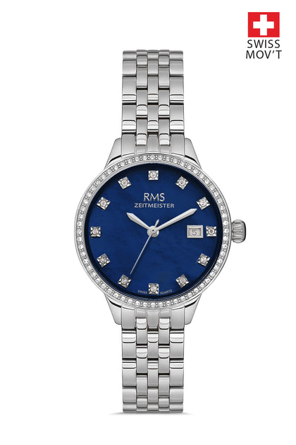 RMS Zeitmeister Blue Dial Silver Plated Women's Watch - Stainless Steel Bracelet - RMS.1.AG1606.02