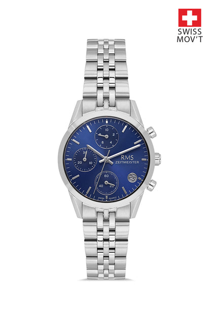 RMS Zeitmeister Blue Dial Silver Plated Women's Watch - Stainless Steel Bracelet - RMS.1.AG1594.03