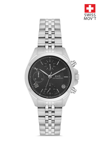 RMS Zeitmeister Black Dial Silver Plated Women's Watch - Stainless Steel Bracelet - RMS.1.AG1599.02