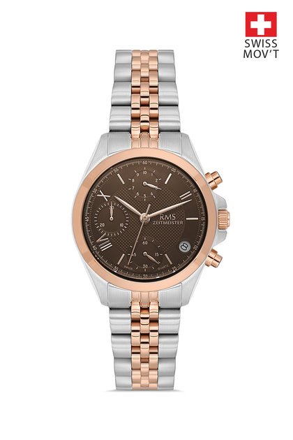 RMS Zeitmeister Brown Dial Two-Tone Rose Plated Women's Watch - Stainless Steel Bracelet - RMS.1.AG1599.11