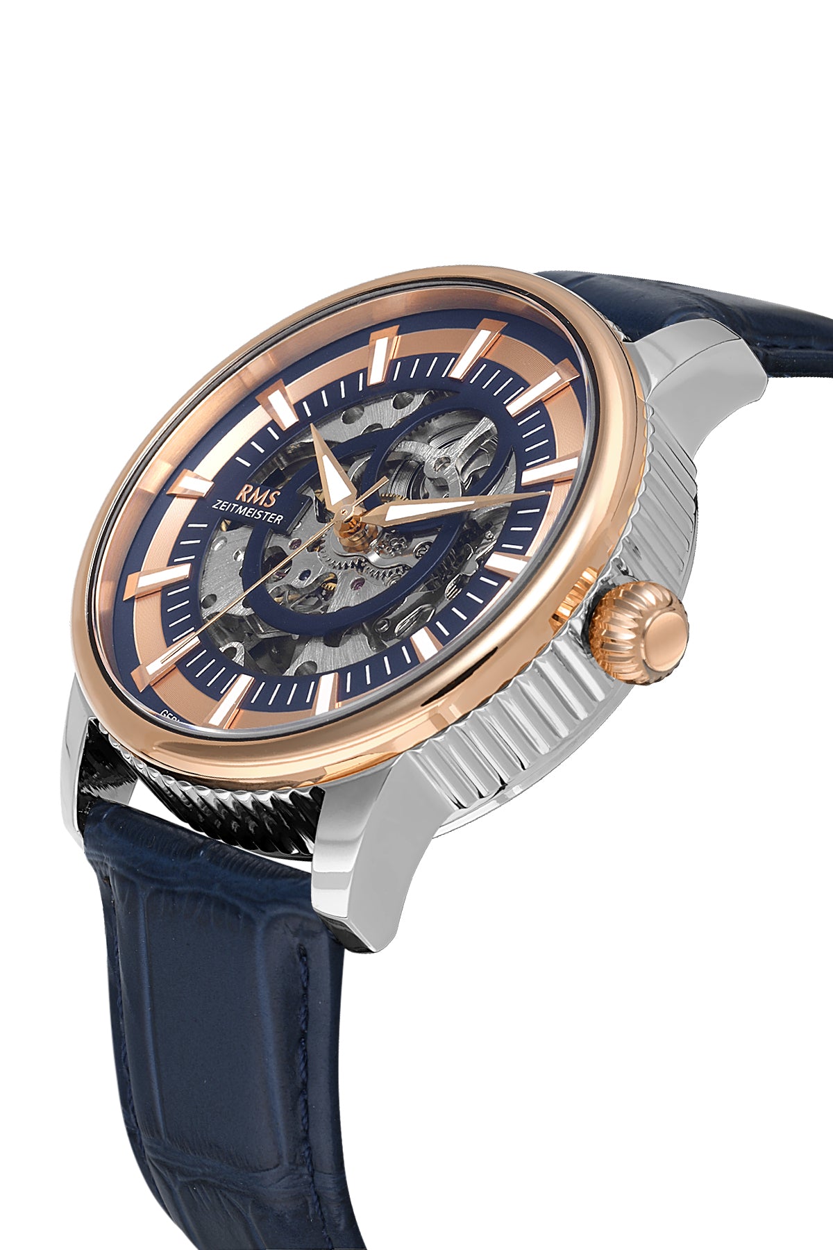 RMS Men's Blue Dial Rose Gold & Silver Leather Strap Watch - RMS.1.AG1640.07 - 3