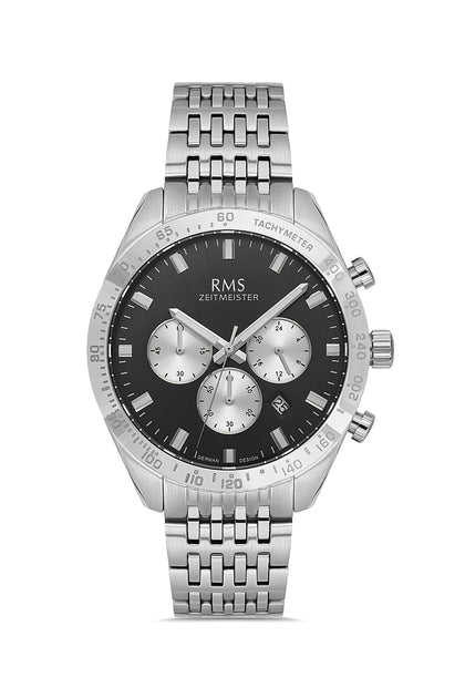 RMS Zeitmeister Black Dial Silver Plated Men's Watch - Stainless Steel Bracelet - RMS.1.AG2053.02