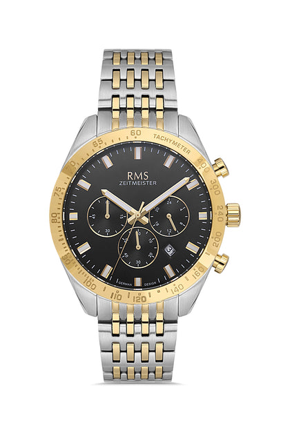 RMS Zeitmeister Black Dial Gold & Silver Plated Men's Watch - Stainless Steel Bracelet - RMS.1.AG2053.06