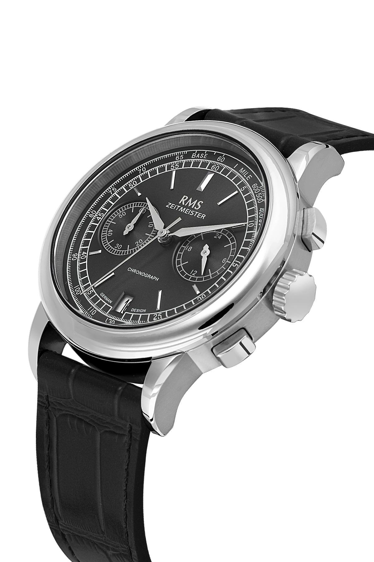 RMS Zeitmeister RMS.1.AG1624.10 men's watch with black dial, silver case and genuine leather strap – side view