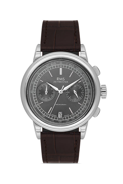 RMS Zeitmeister Grey Dial Silver Plated Men's Watch - Brown Genuine Leather Strap - RMS.1.AG1624.13