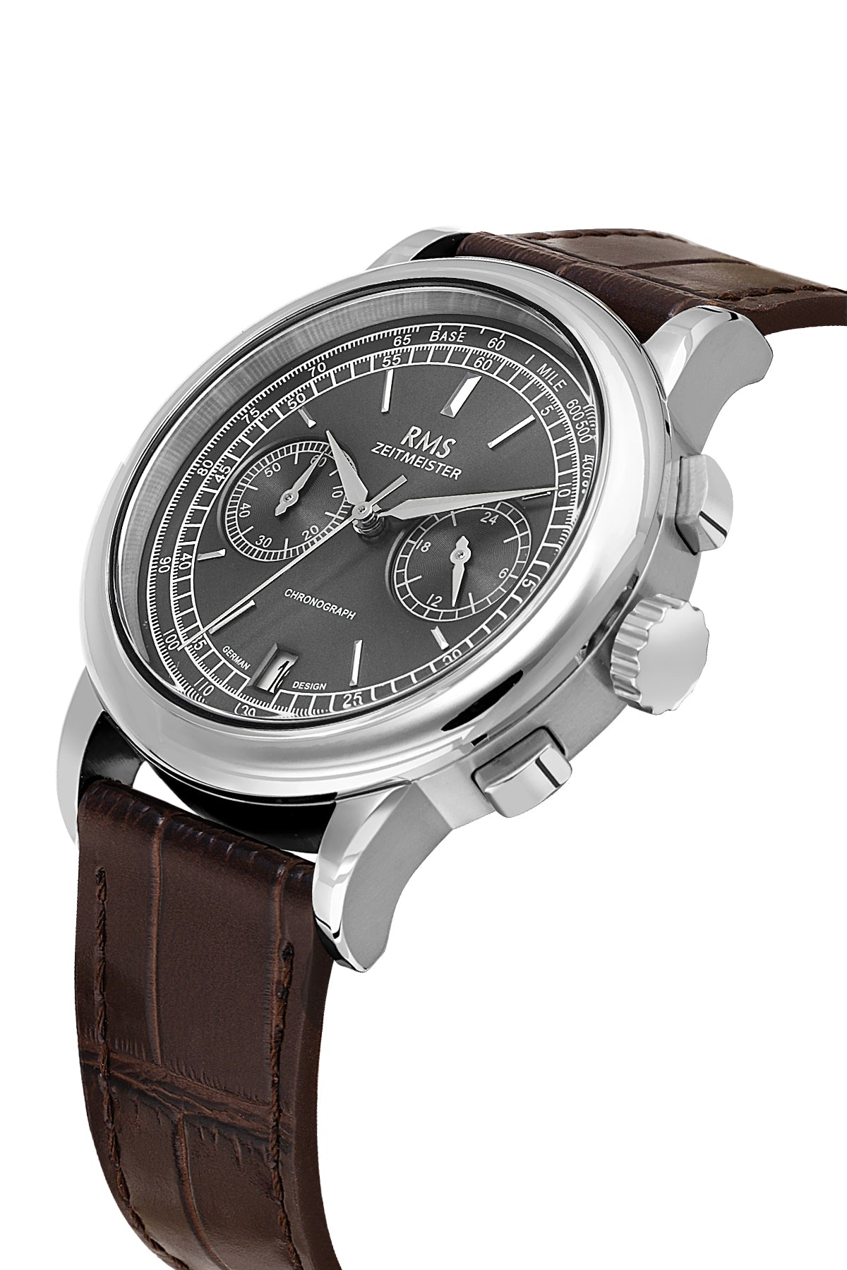 RMS Zeitmeister RMS.1.AG1624.13 men's watch with gray dial, silver case and genuine leather strap – angled view