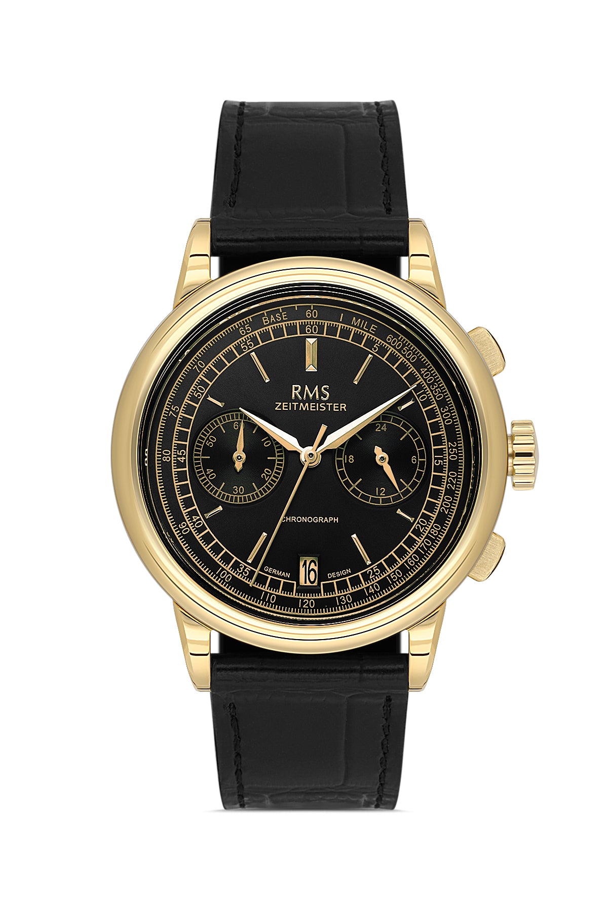 RMS Zeitmeister RMS.1.AG1624.16 men's watch with black dial, gold case and genuine leather strap