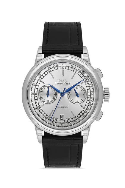 RMS Zeitmeister Silver Dial Silver Plated Men's Watch - Black Genuine Leather Strap - RMS.1.AG1624.9