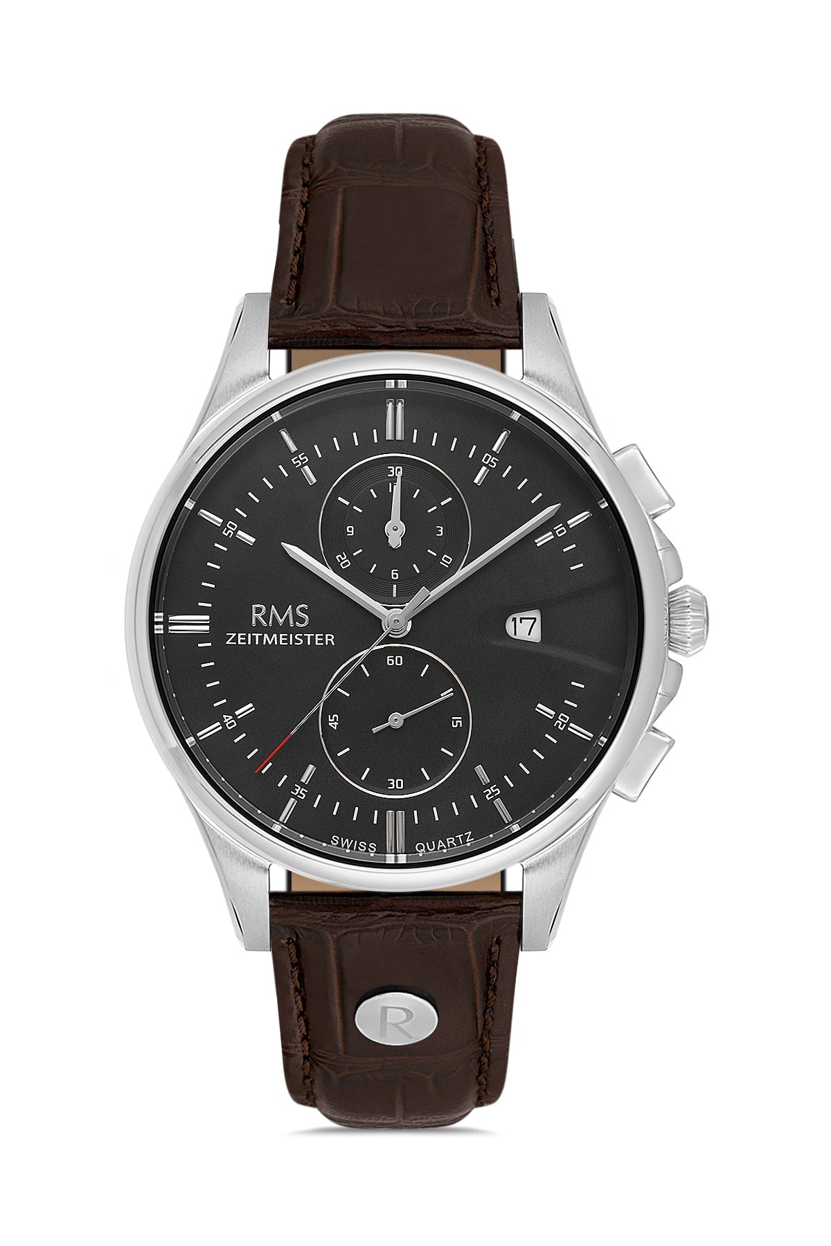 RMS Zeitmeister RMS.1.AG2075.02 men's watch with black dial, silver case and genuine leather strap