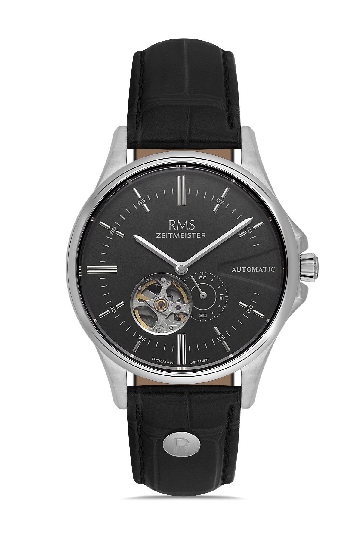 RMS Zeitmeister Black Dial Silver Plated Men's Watch - Black Genuine Leather Strap - RMS.1.AG2077.02
