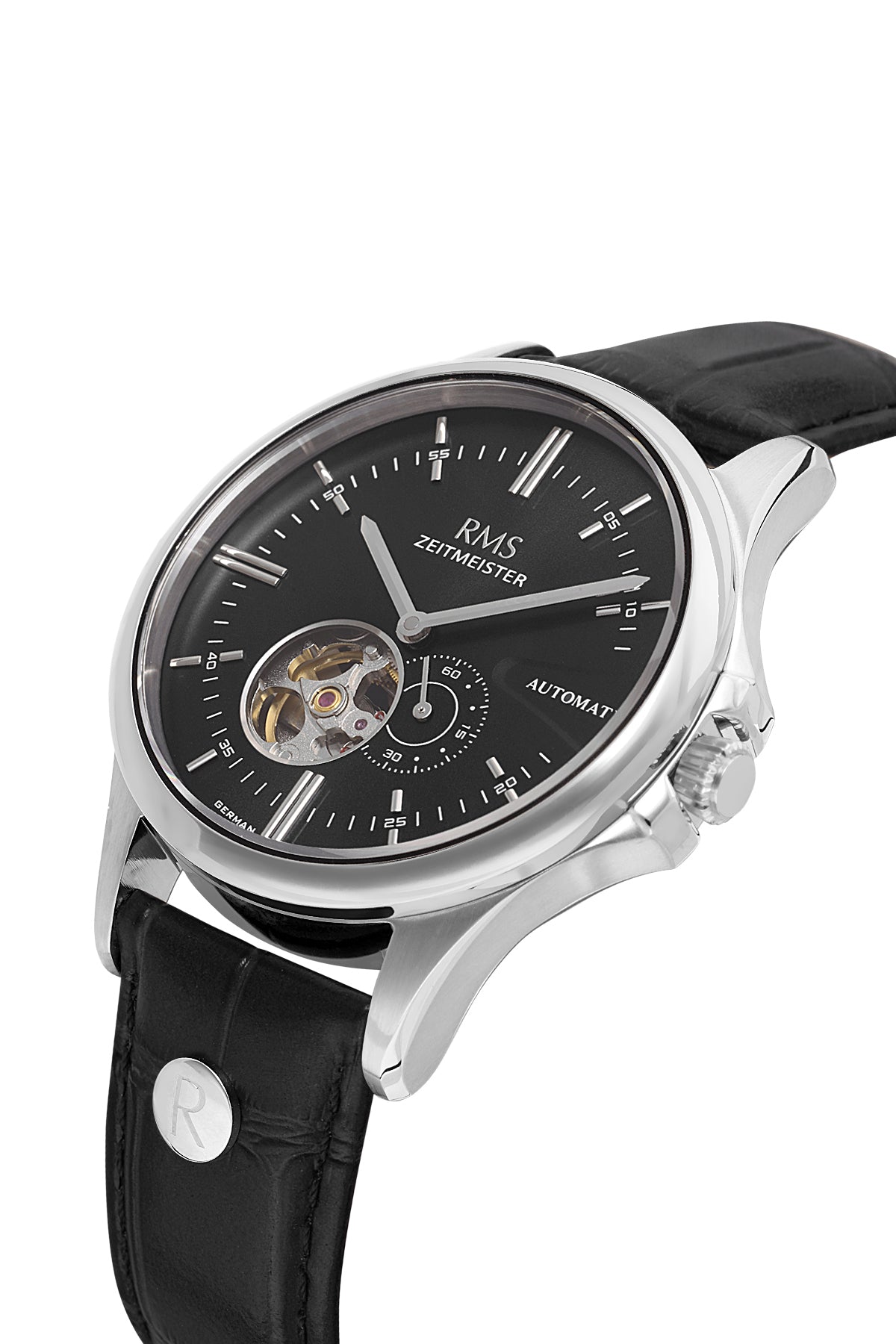 RMS Zeitmeister Black Dial Silver Plated Men's Watch - Black Genuine Leather Strap - RMS.1.AG2077.02