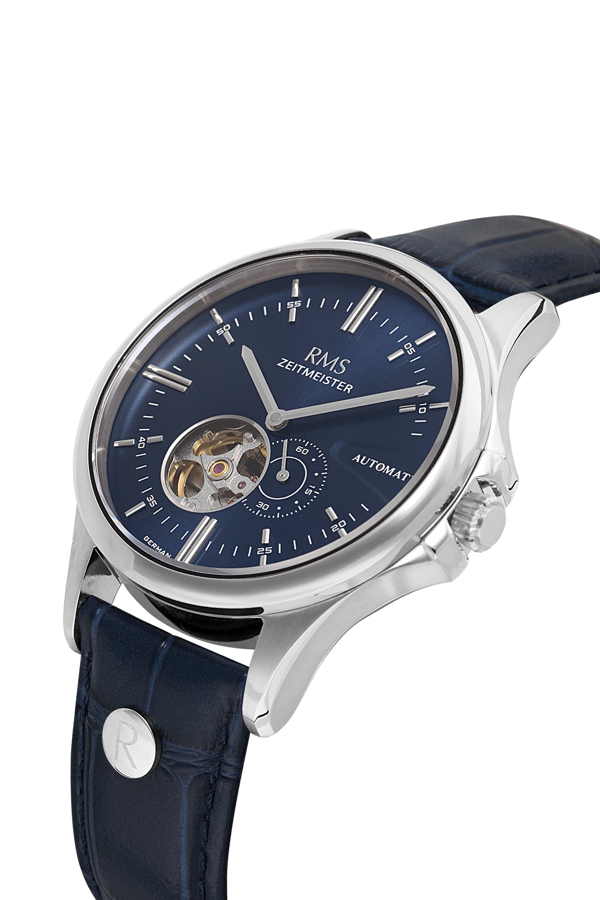RMS Men's Blue Dial Silver Leather Strap Watch - RMS.1.AG2077.03