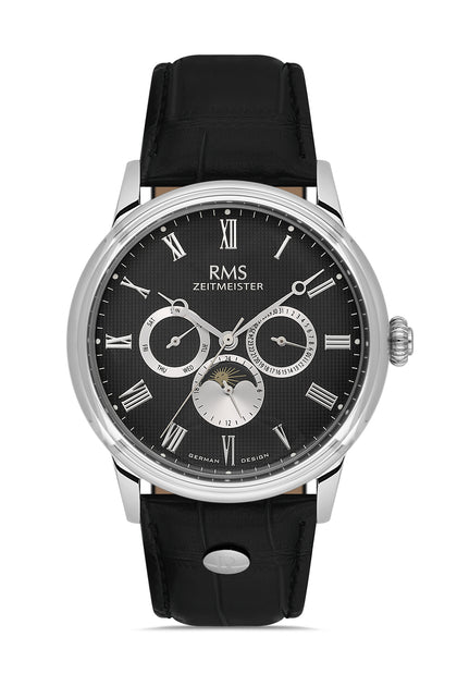 RMS Zeitmeister Black Dial Silver Plated Men's Watch - Black Genuine Leather Strap - RMS.1.AG2078.02