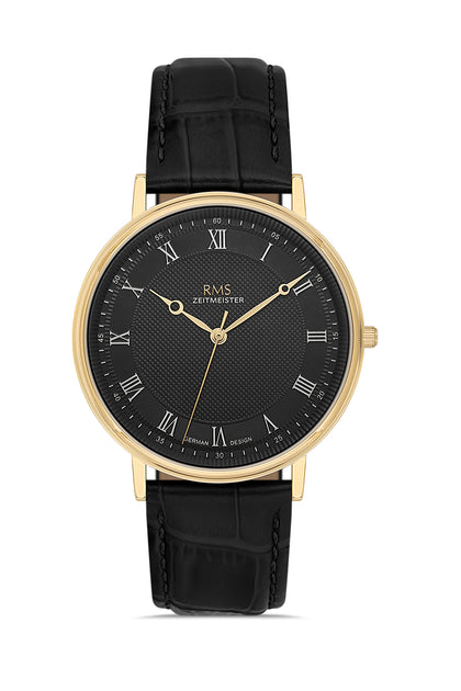 RMS Zeitmeister Black Dial Gold Plated Men's Watch - Black Genuine Leather Strap - RMS.1.AG2091.172-GA31