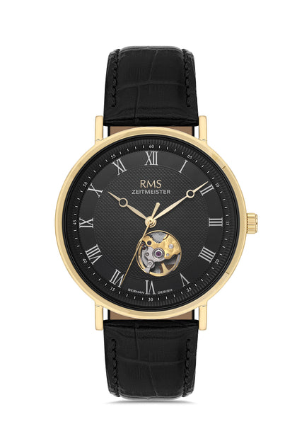 RMS Zeitmeister Black Dial Gold Plated Men's Watch - Black Genuine Leather Strap - RMS.1.AG2091.172