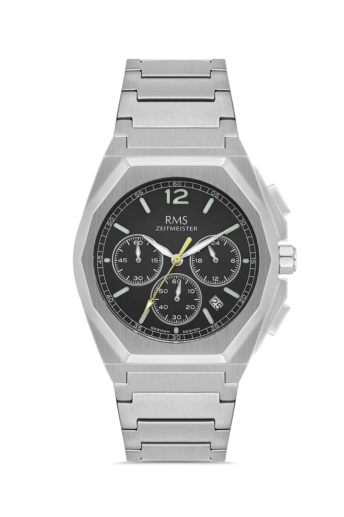 RMS Zeitmeister Black Dial Silver Plated Men's Watch - Stainless Steel Bracelet - RMS.1.AG2096.12