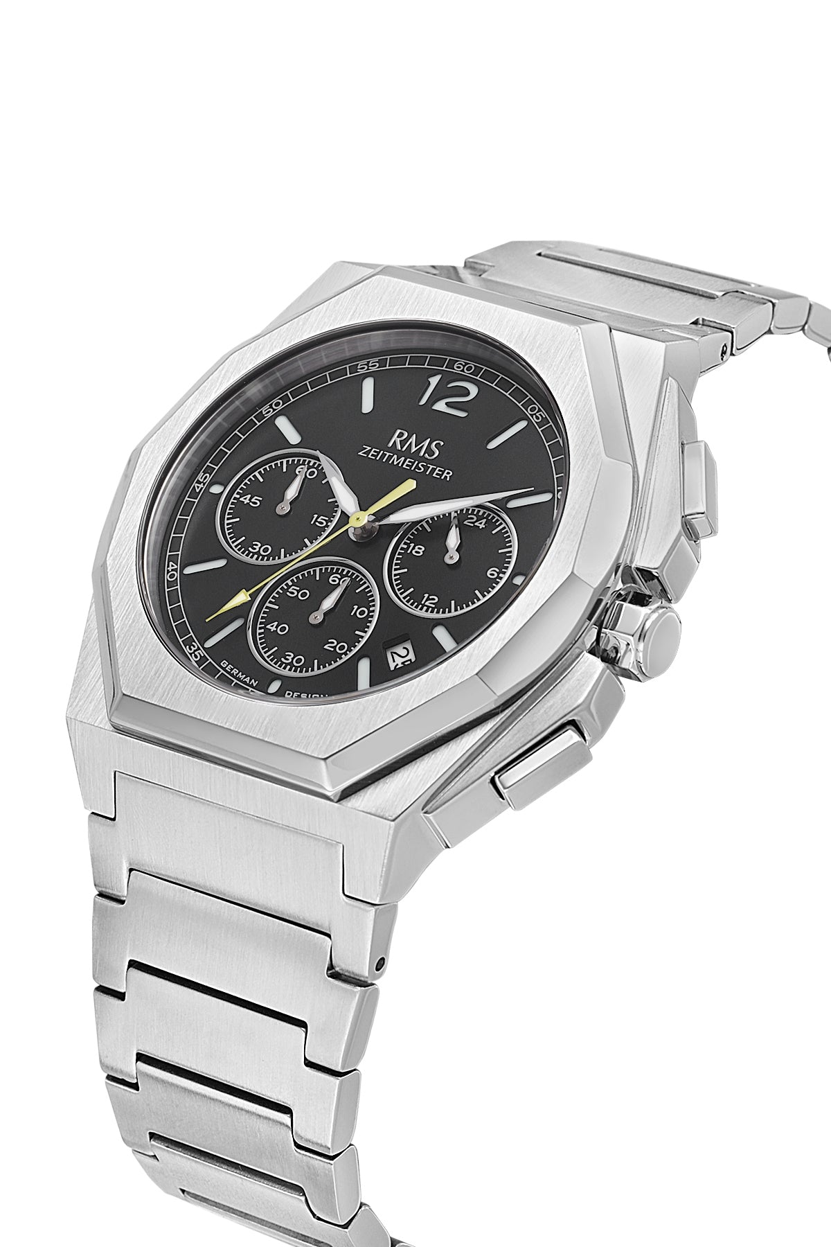 RMS Zeitmeister Black Dial Silver Plated Men's Watch - Stainless Steel Bracelet - RMS.1.AG2096.12